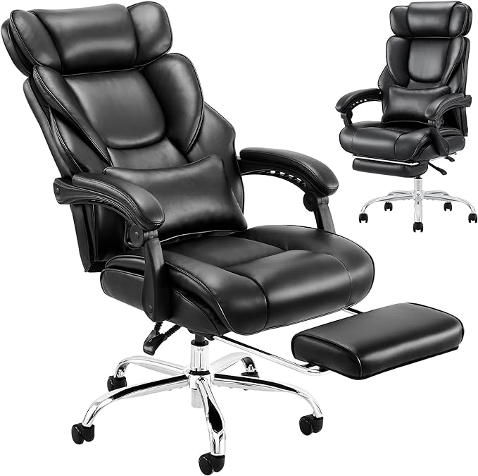 Executive Office Chair with Footrest, Ergonomic High Back Desk Chair, Computer Chair with Adjustable Headrest, Height, Tilt Lock, Extra Lumbar Support Pillow for Comfort, Large Home Office Chair-Black - LeafyLoom