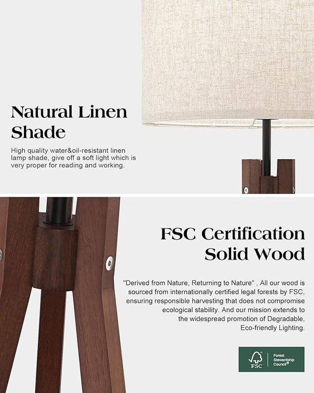 ELYONA Wood Tripod Floor Lamp, Mid Century Reading Standing Lamp with 3 Color Temperatures & Linen Shade, Modern Night Light for Bedroom, Farmhouse, Living Room, Office, 9W LED Bulb Included, Brown - LeafyLoom