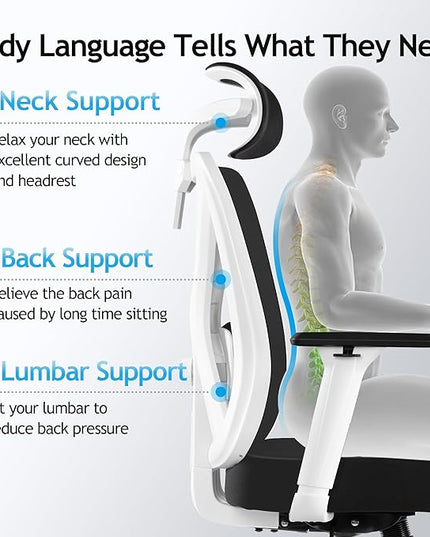 KERDOM Ergonomic Office Chair Desk Chair Comfortable Mesh Gaming Computer Swivel Rolling Chair, High Back Office Chair with Wheels, Headrest, 3D Armrest and Lumbar Support Home Office Desk Chair White - LeafyLoom
