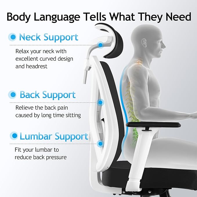 KERDOM Ergonomic Office Chair Desk Chair Comfortable Mesh Gaming Computer Swivel Rolling Chair, High Back Office Chair with Wheels, Headrest, 3D Armrest and Lumbar Support Home Office Desk Chair White - LeafyLoom