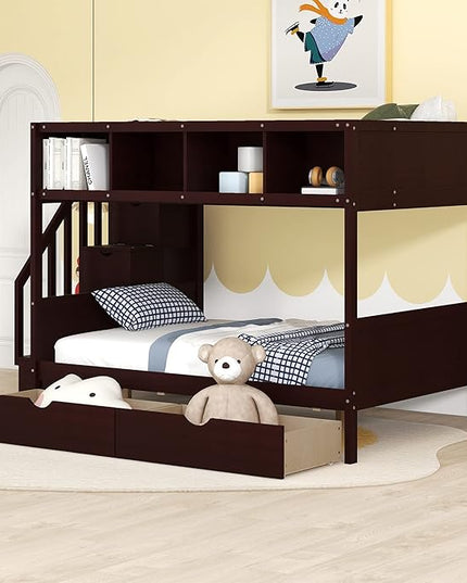 Twin Over Full Bunk Bed with Stairs Storage Function, Shelf and 2 Drawers, Wooden Frame Stairway Bunkbeds for Kids Teens Bedroom, Espresso - LeafyLoom