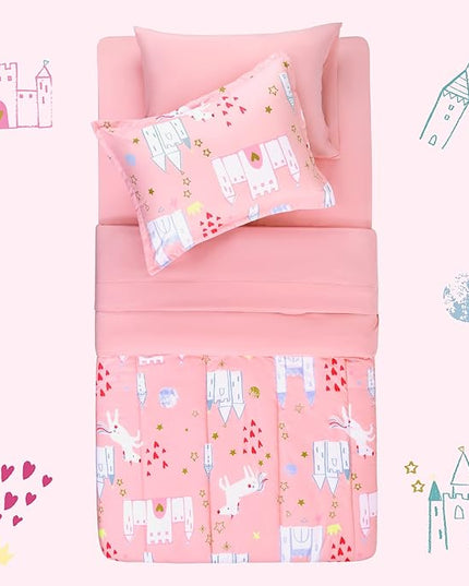 SLEEP ZONE Kids Bedding Comforter Set Full/Queen Size - Super Cute & Soft Kids Bedding 7 Pieces Set with Comforter, Sheet, Pillowcase & Sham (Unicorn Castle) - LeafyLoom