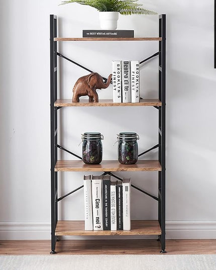 Industrial 4 Tier Bookshelf, Wood Etagere Bookshelves and Bookcase with Metal Frame, Rustic Standing Unit Shelf Display Rack for Living Room/Home Office, Vintage Brown - LeafyLoom
