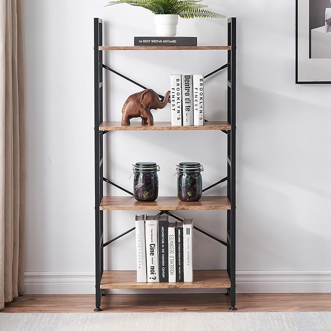Industrial 4 Tier Bookshelf, Wood Etagere Bookshelves and Bookcase with Metal Frame, Rustic Standing Unit Shelf Display Rack for Living Room/Home Office, Vintage Brown - LeafyLoom