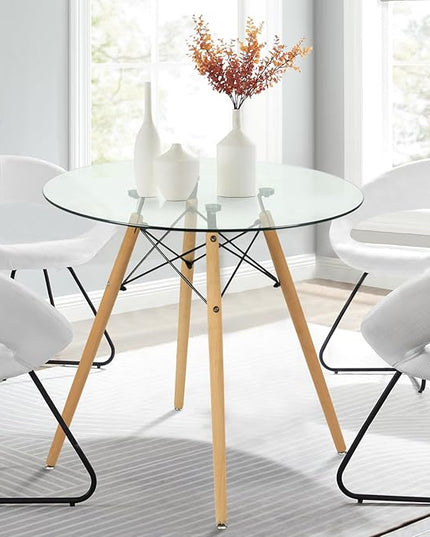 FurnitureR 31.5 Inch Modern Round Dining Table Glass with Wooden Legs for Home Kitchen Living Room Corner Small Spaces Leisure - LeafyLoom