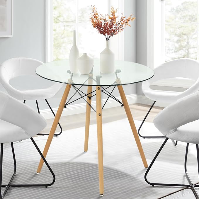 FurnitureR 31.5 Inch Modern Round Dining Table Glass with Wooden Legs for Home Kitchen Living Room Corner Small Spaces Leisure - LeafyLoom