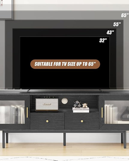 TV Stand for 65 Inch TV, Modern Entertainment Center with 2 Cabinets and 2 Drawers, Mid Century TV Stand for 55/60/65 inch TV, Media Console for Bedroom, Living Room and Office, Black - LeafyLoom