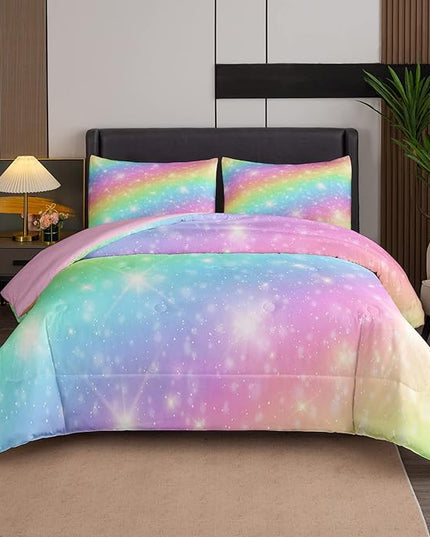 NINENINE Rainbow Bedding Sets,Twin Comforter Set for girls,Twin Bedding Sets for girls,Pink Comforter Glitter Bedding Comforter Set with 1 Comforter 1Pillowcase - LeafyLoom