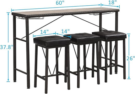 O&K FURNITURE 4 Piece Long Bar Table and Chairs Set, Counter Height Table with 3 Cushion Stools, Behind Couch Bar Table, Industrial Dining Table Sets for Breakfast Nook Living Room Small Space - LeafyLoom