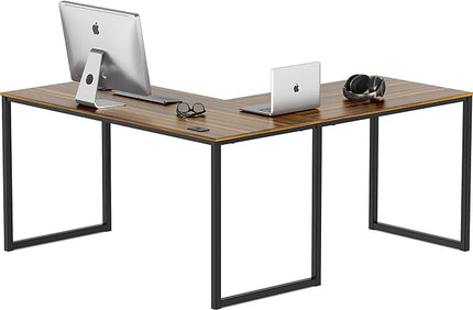 SHW Home Office 55-Inch Large L Shaped Corner Desk, 24" Deep, Walnut - LeafyLoom