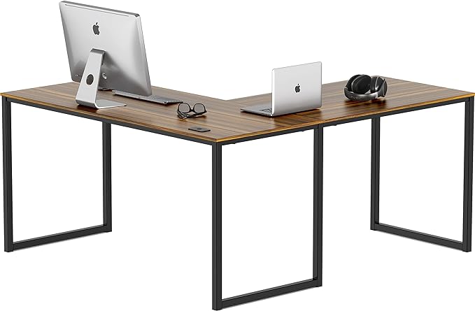 SHW Home Office 55-Inch Large L Shaped Corner Desk, 24" Deep, Walnut - LeafyLoom