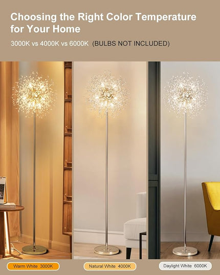 Modern Crystal Floor Lamp (9-Light, 70-Inch, Gold), Standing Lamp with Footswitch, LED Floor Lamp for Living Room, Girls Room, Bedroom, Dresser, Office (Bulbs NOT Included) - LeafyLoom