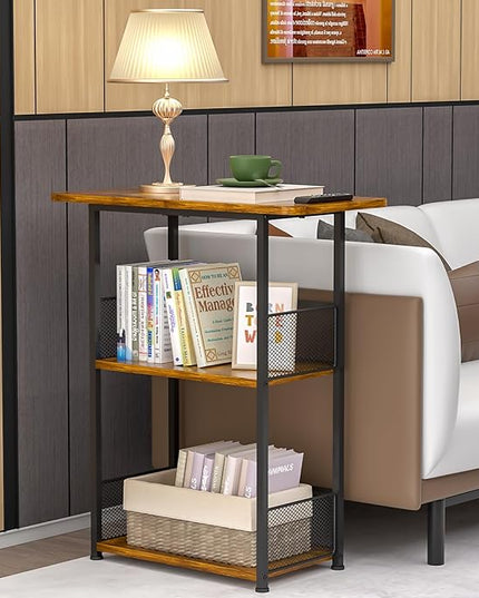 Small Bookshelf 3 Tier Small Table - Office Shelf Rustic Industrial Bookshelf, Wood and Metal Storage Shelf Stand Organizer Tall Table for Living Room, Bedroom, Office - LeafyLoom