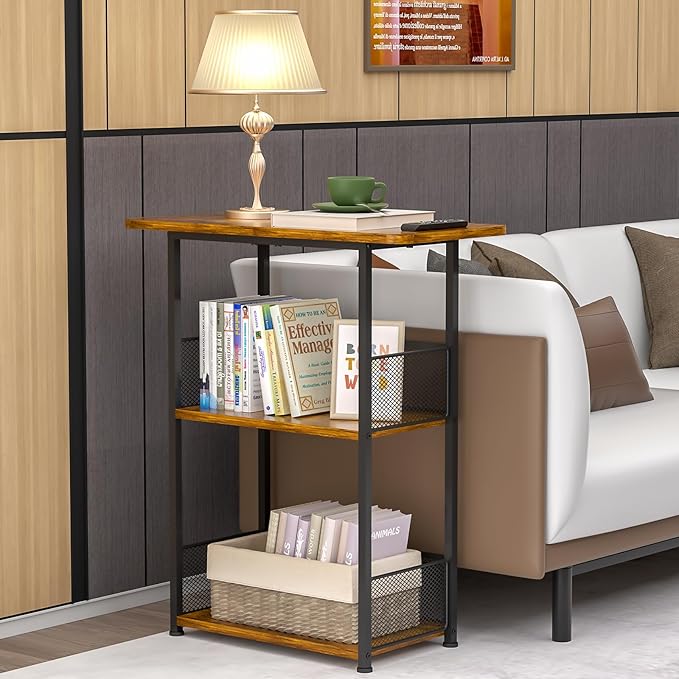 Small Bookshelf 3 Tier Small Table - Office Shelf Rustic Industrial Bookshelf, Wood and Metal Storage Shelf Stand Organizer Tall Table for Living Room, Bedroom, Office - LeafyLoom