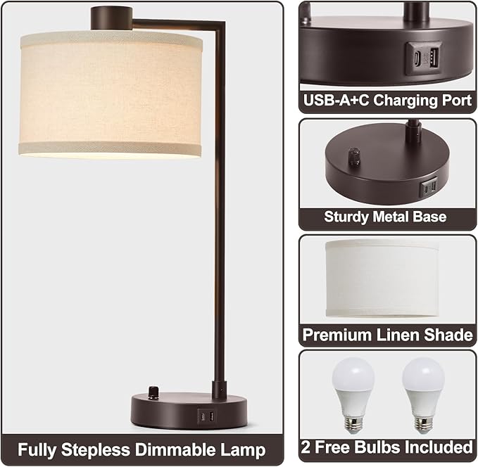 Luvkczc Table Lamp for Bedroom Set of 2 with USB C+A Ports - Fully Stepless Dimmable Bedside Lamp with Linen Lampshade - Contemporary Lamp for Living Room Reading Office, 2 Bulbs Included (Red Brown) - LeafyLoom