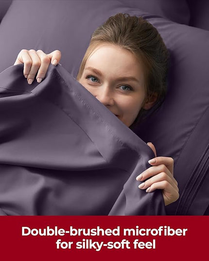 Mellanni Extra Deep Twin Sheets - 3 PC Iconic Collection Bedding Sheets & Pillowcases - Hotel Luxury, Ultra Soft, Cooling Bed Sheets - Extra Deep Pocket up to 21 inch (Twin, Purple) - LeafyLoom