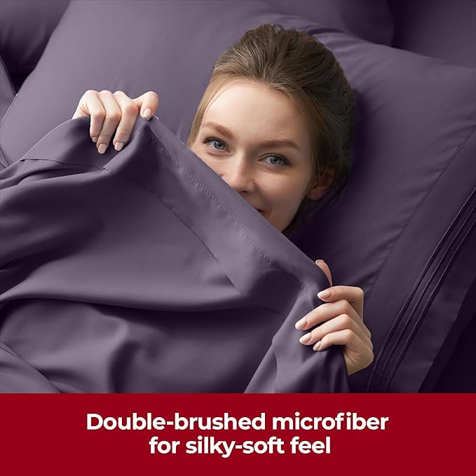 Mellanni Extra Deep Twin Sheets - 3 PC Iconic Collection Bedding Sheets & Pillowcases - Hotel Luxury, Ultra Soft, Cooling Bed Sheets - Extra Deep Pocket up to 21 inch (Twin, Purple) - LeafyLoom