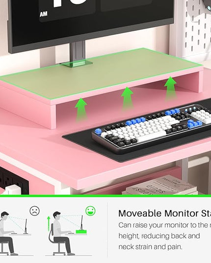 Small Gaming Desk with 2 Fabric Drawers - Reversible Computer Desk with Power Outlet & LED Lights, 49" Office Desk with Monitor Stand & Storage Shelves, Writing Study Table with Pegboard, Pink - LeafyLoom