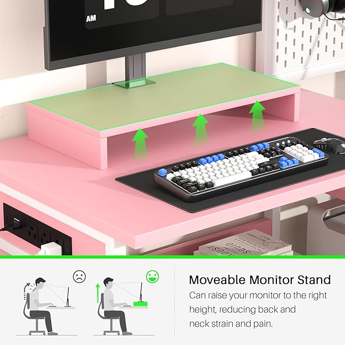 Small Gaming Desk with 2 Fabric Drawers - Reversible Computer Desk with Power Outlet & LED Lights, 49" Office Desk with Monitor Stand & Storage Shelves, Writing Study Table with Pegboard, Pink - LeafyLoom