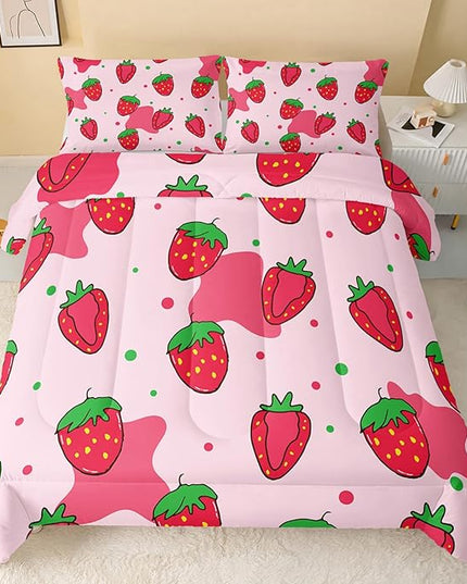 Kawaii Comforter Twin,Pink Strawberry Comforter Set for Kids Teens Girls,3Pcs Bedding Set Printed Comforter with 2 Pillowcases,Down Alternative,Soft and Lightweight，Twin Size - LeafyLoom