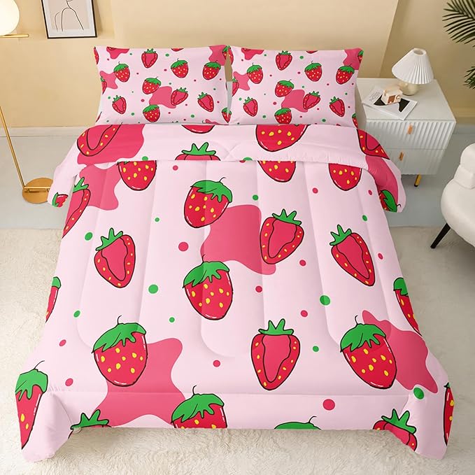 Kawaii Comforter Twin,Pink Strawberry Comforter Set for Kids Teens Girls,3Pcs Bedding Set Printed Comforter with 2 Pillowcases,Down Alternative,Soft and Lightweight，Twin Size - LeafyLoom