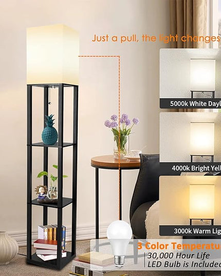 Floor Lamp with Shelves, Modern Standing Shelf Lamp with 3 CCT LED Bulb and White Shade for Living Room Bedroom and Office-Black - LeafyLoom