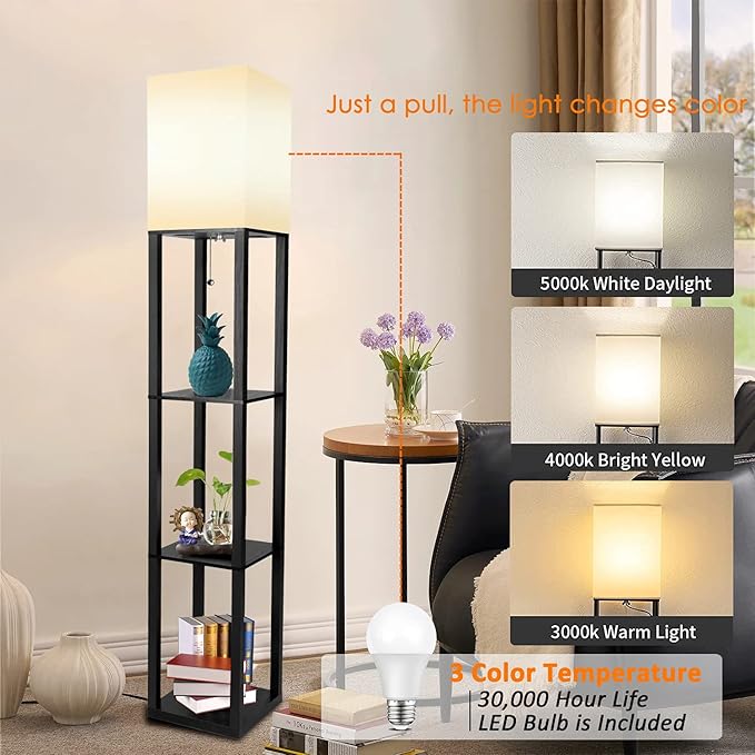 Floor Lamp with Shelves, Modern Standing Shelf Lamp with 3 CCT LED Bulb and White Shade for Living Room Bedroom and Office-Black - LeafyLoom