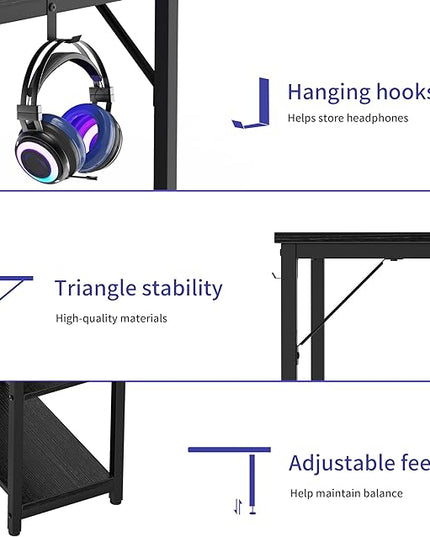 Computer Desk, 48 inches desk with 2 Shelves, Home Office Desk with USB/Type-C Charging Ports & Power Outlets, Study Table for Adults, Black - LeafyLoom