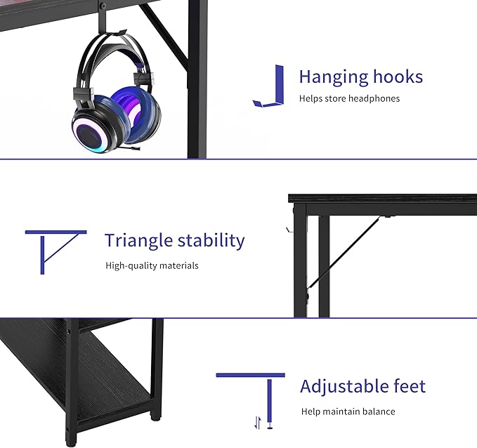 Computer Desk, 48 inches desk with 2 Shelves, Home Office Desk with USB/Type-C Charging Ports & Power Outlets, Study Table for Adults, Black - LeafyLoom