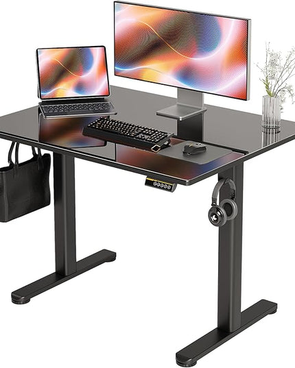 Glass Standing Desk, Small Electric Standing Desk Adjustable Height, 40 Inch Adjustable Stand Up Desk, Quick Install Home Office Computer Desk, Black - LeafyLoom