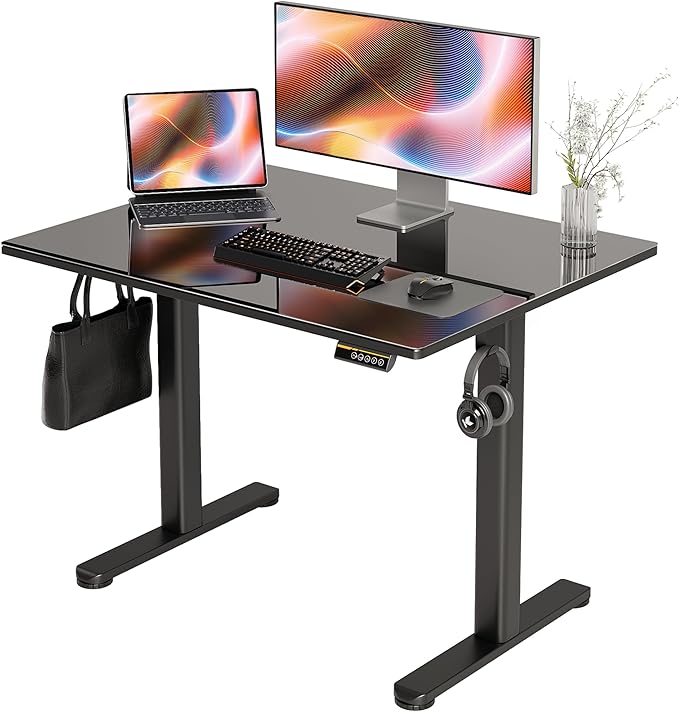 Glass Standing Desk, Small Electric Standing Desk Adjustable Height, 40 Inch Adjustable Stand Up Desk, Quick Install Home Office Computer Desk, Black - LeafyLoom