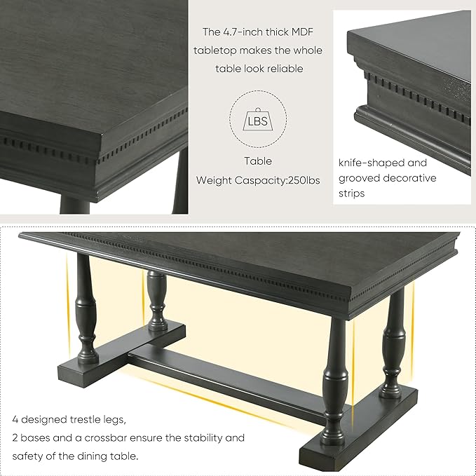 59.4 Inch Dining Table Set for 6, 7-Piece Dining Table with 4 Trestle Base and 6 Upholstered Chairs with Slightly Curve and Ergonomic Seat Back, Grey - LeafyLoom