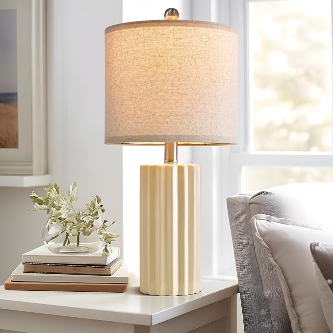 Oneach 21'' Farmhouse Ceramic Table Lamp Set of 2 for Bedroom Living Room House Decor Off-White Desk Lamps Home Office Dorm Rustic Modern Style Lamp - LeafyLoom