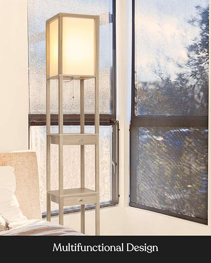 Brightech Maxwell Drawer Edition - Modern Shelf Floor Lamp with Drawer - Corner Display Floor Lamps with Shelves for Living Room, Bedroom and Office - Rustic Wood - LeafyLoom
