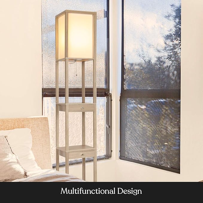 Brightech Maxwell Drawer Edition - Modern Shelf Floor Lamp with Drawer - Corner Display Floor Lamps with Shelves for Living Room, Bedroom and Office - Rustic Wood - LeafyLoom
