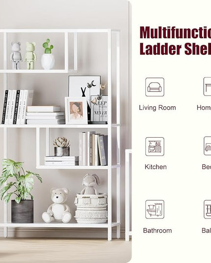 HOME BI Geometric Bookshelf, Tall Modern Etagere Bookcase, Industrial Metal Book Shelf with 5 Open Display Shelves for Office Living Room, White - LeafyLoom