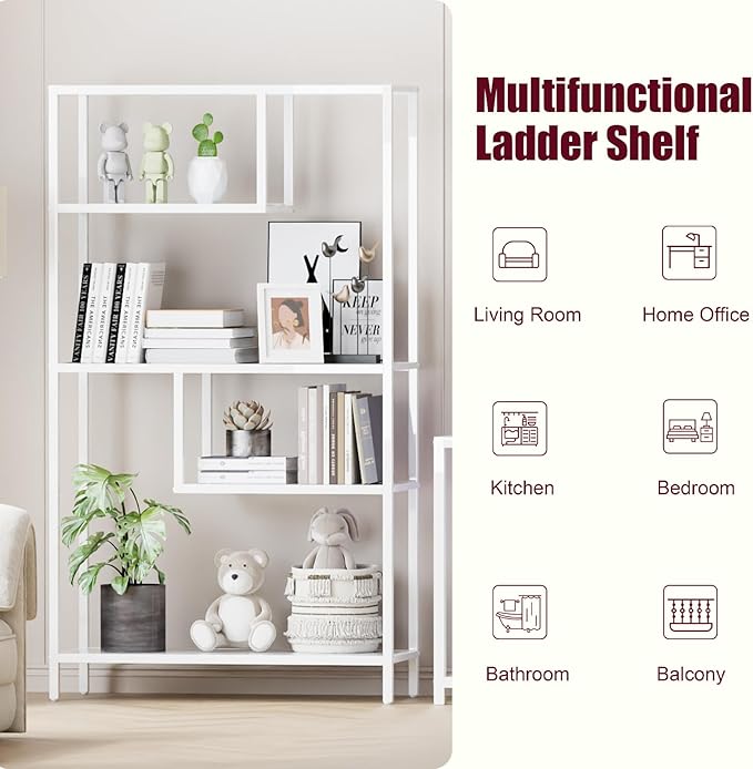 HOME BI Geometric Bookshelf, Tall Modern Etagere Bookcase, Industrial Metal Book Shelf with 5 Open Display Shelves for Office Living Room, White - LeafyLoom