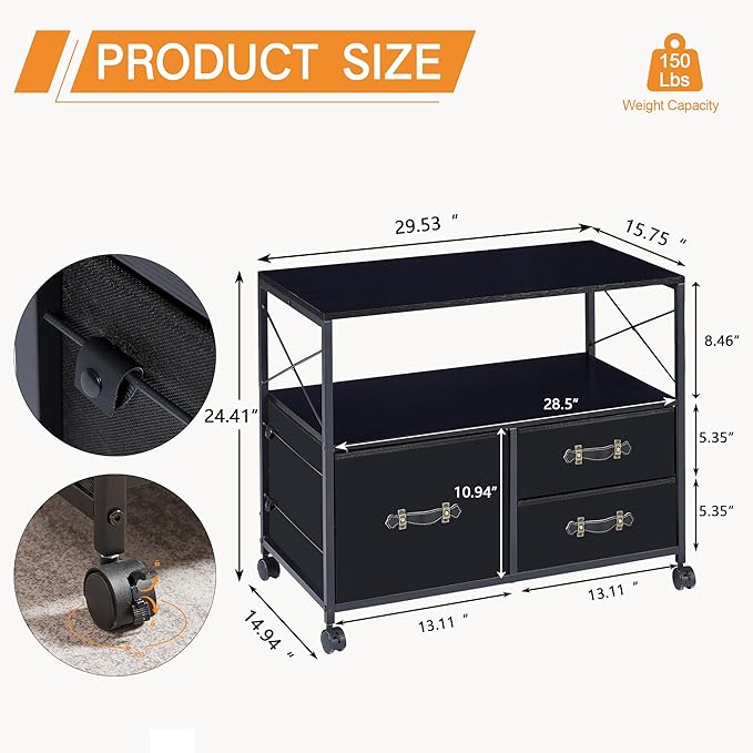 VECELO Fabric Lateral Filing Cabinet Rolling Printer Fits Letter Size, 3 Drawers Mobile Stand with Open Storage Shelf,for Home Office,Vintage Black - LeafyLoom