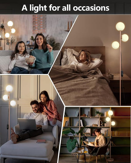 Mid Century Modern Floor Lamp for Living Room Easy to Install, 3 Globe Lights Tall Gold Floor Lamp with Glass Shades and Bulbs, Dimmable Standing Lamp Vintage Floor Lamps for Bedroom Office - LeafyLoom
