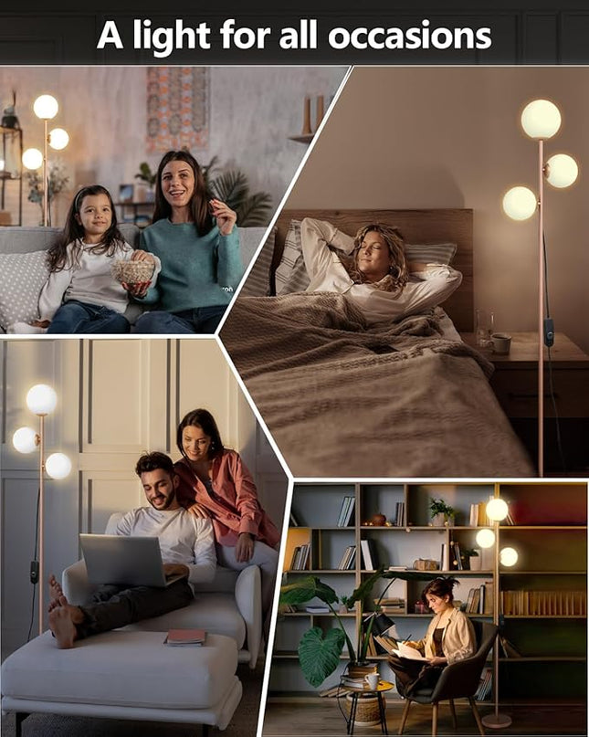 Mid Century Modern Floor Lamp for Living Room Easy to Install, 3 Globe Lights Tall Gold Floor Lamp with Glass Shades and Bulbs, Dimmable Standing Lamp Vintage Floor Lamps for Bedroom Office - LeafyLoom