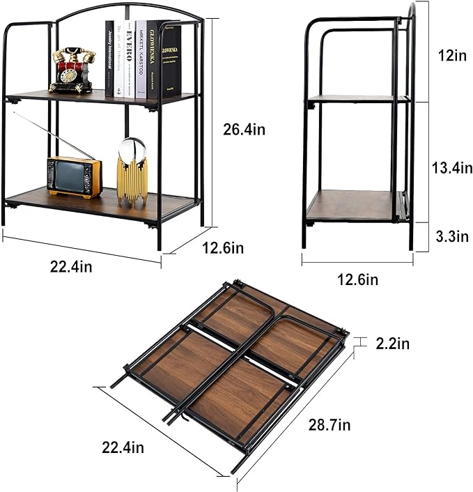 No Assembly Folding Bookshelf for Living Room, 2 Tier Black Collapsible Book Shelf for Home Office, Portable Bookcase Storage Organizer - LeafyLoom