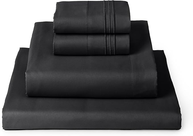 Mellanni Twin XL Sheets Set - 4 Piece Iconic Collection Bedding Sheets & Pillowcases - Soft, Cooling Bed Sheets - Deep Pocket up to 16 inch - 4 PC (Twin Extra Long, Black w/Extra Pillow Case) - LeafyLoom
