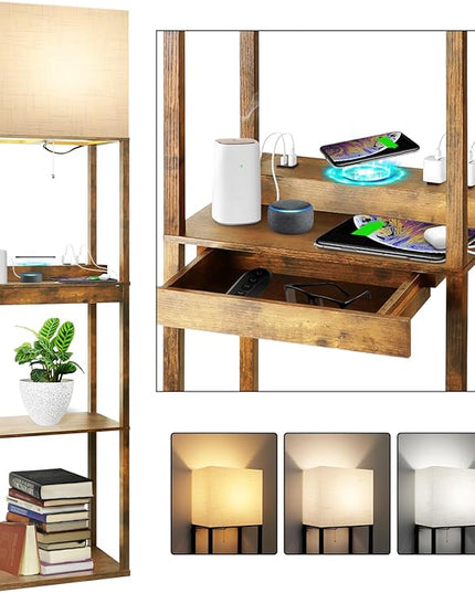 RUNTOP Floor Lamp with Shelves, Plus Shelf Lamp with Wireless Charger, 2 USB Port and Outlet, 1 Drawer, 15W LED Bulb, 3 Colors, Memory Function, Floor Lamps for Living Room, Standing Lamp for Bedroom - LeafyLoom