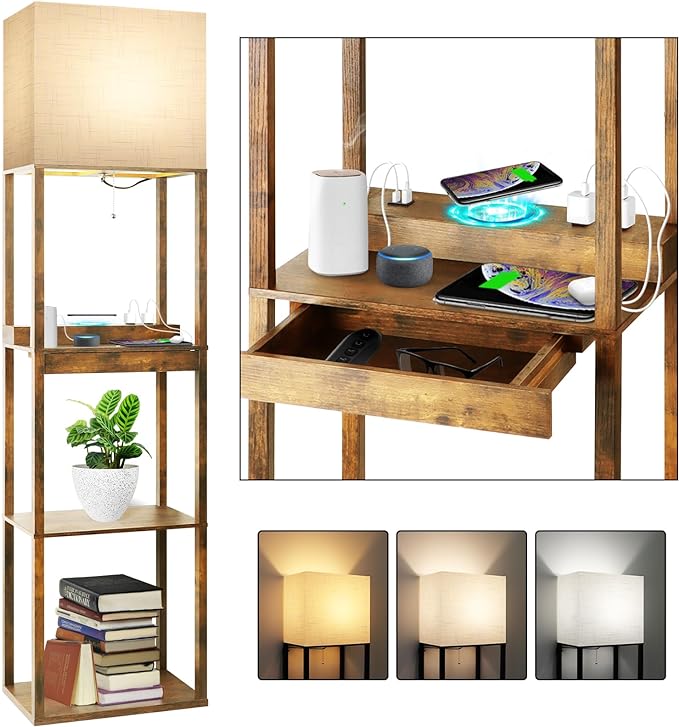RUNTOP Floor Lamp with Shelves, Plus Shelf Lamp with Wireless Charger, 2 USB Port and Outlet, 1 Drawer, 15W LED Bulb, 3 Colors, Memory Function, Floor Lamps for Living Room, Standing Lamp for Bedroom - LeafyLoom