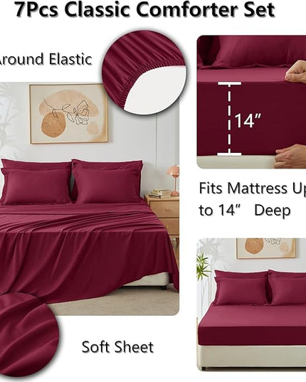 CozyLux Queen Comforter Set with Sheets 7 Pieces Bed in a Bag Burgundy All Season Bedding Sets with Comforter, Pillow Shams, Flat Sheet, Fitted Sheet and Pillowcases, Red, Queen - LeafyLoom