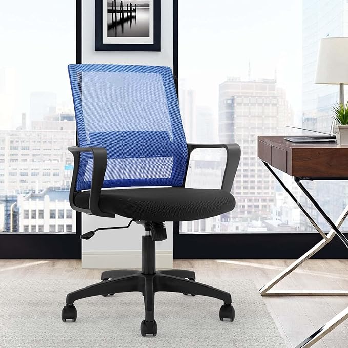 Office Chair Ergonomic Desk Task Chair Mesh Computer Chair Mid-Back Mesh Home Office Swivel Chair Modern Executive Chair with Wheels Armrests Lumbar Support (Blue) - LeafyLoom