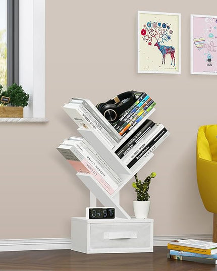 Small Bookshelf with Drawer,4 Tier Tree Book Shelf,Wood Desk Bookshelves,Modern Free Standing Desktop Display Shelves,White Floor Standing Organizer Bookcase for Living Room,Bedroom,Office - LeafyLoom
