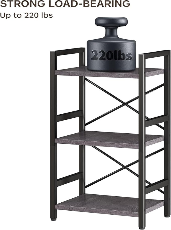 Bookshelf, 3 Tier Industrial Bookcase, Metal Small Bookcase, Rustic Etagere Book Shelf Storage Organizer for Living Room, Bedroom, and Home Office(Grey) Patent Pending D29873033 - LeafyLoom