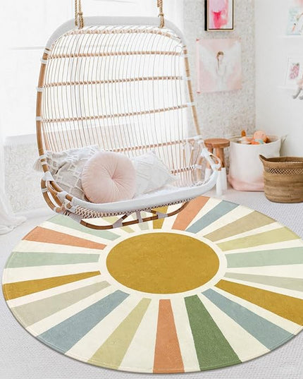 Boho Washable Rug 5 Ft Round Area Rug for Bedroom, Rainbow Circle Kids Rug for Office, Non-Slip Circluar Carpet Soft Sunshine Rug for Dorm Nursery Sofa Living Room Corner - LeafyLoom