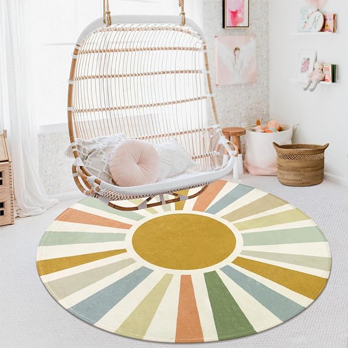 Boho Washable Rug 5 Ft Round Area Rug for Bedroom, Rainbow Circle Kids Rug for Office, Non-Slip Circluar Carpet Soft Sunshine Rug for Dorm Nursery Sofa Living Room Corner - LeafyLoom